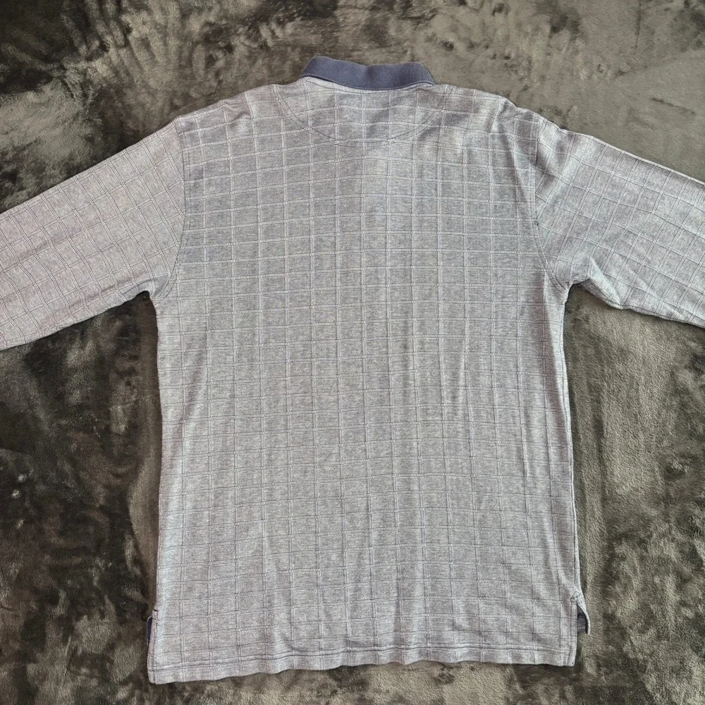 Murano Mens XL Long Sleeve Polo Rugby Shirt Navy Blue Grid Windowpane 100 Cotton
